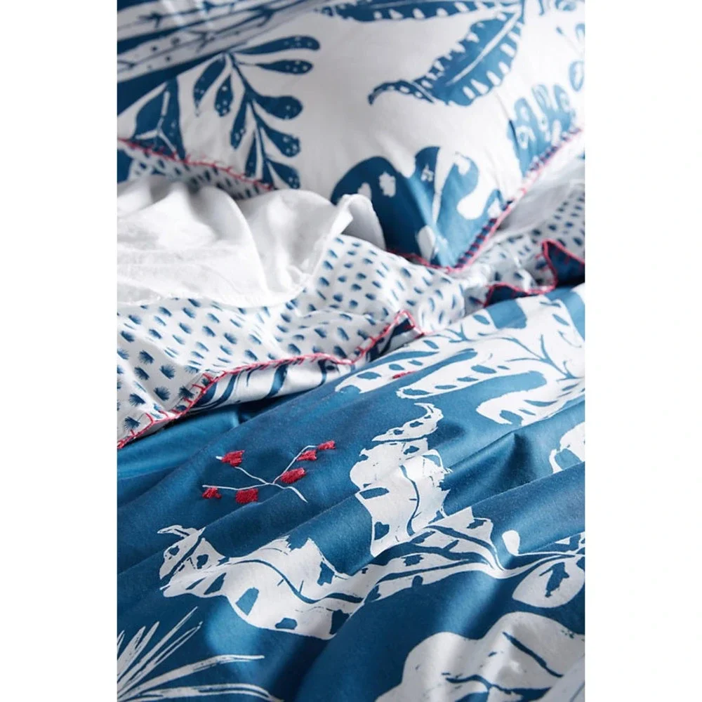 Anthropologie Twin Duvet Cover Palmera Blue Comforter Bedding Palm Tiki Tropical